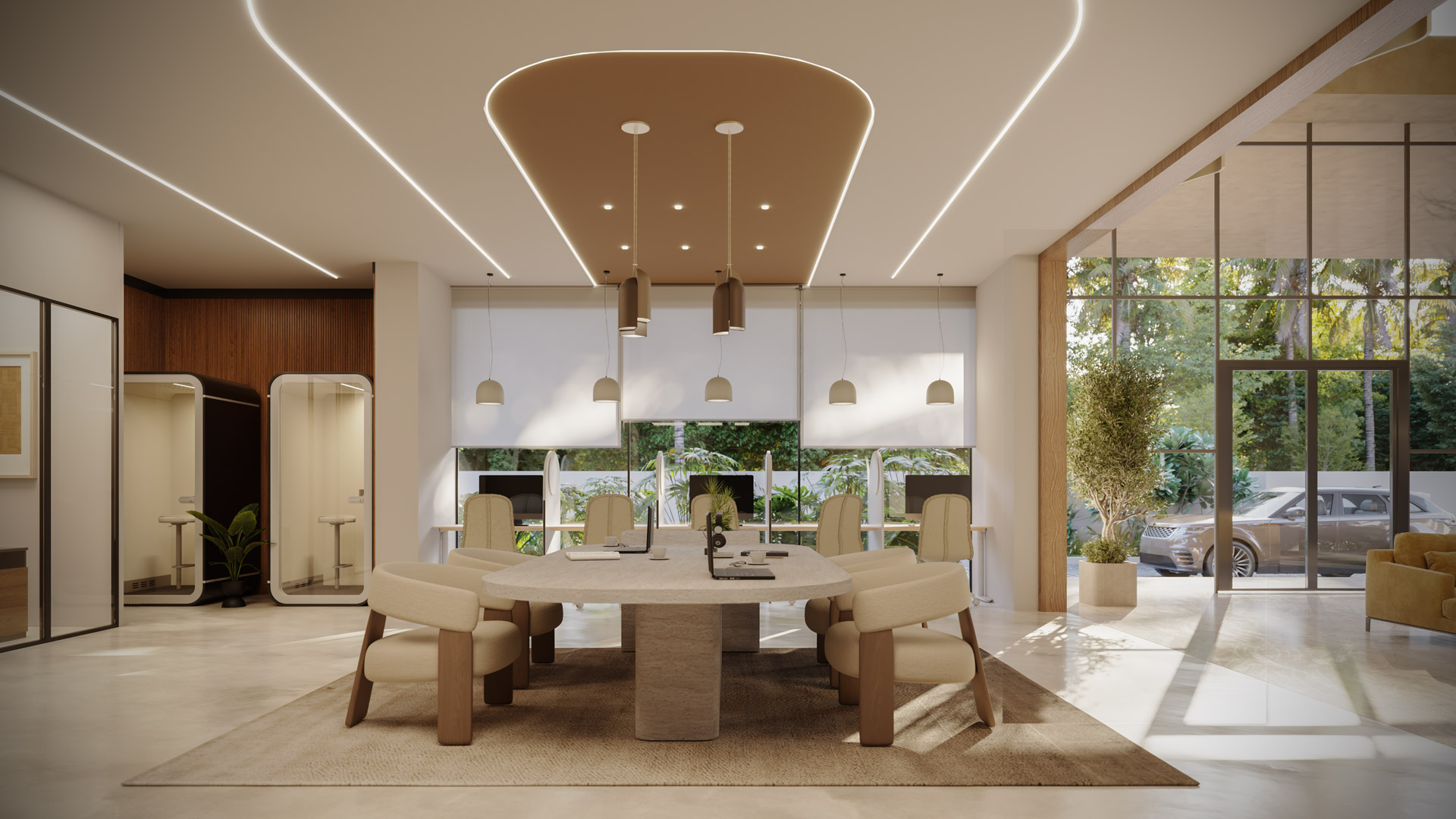 Aurora Lumiere co-working lounge with meeting table and pods
