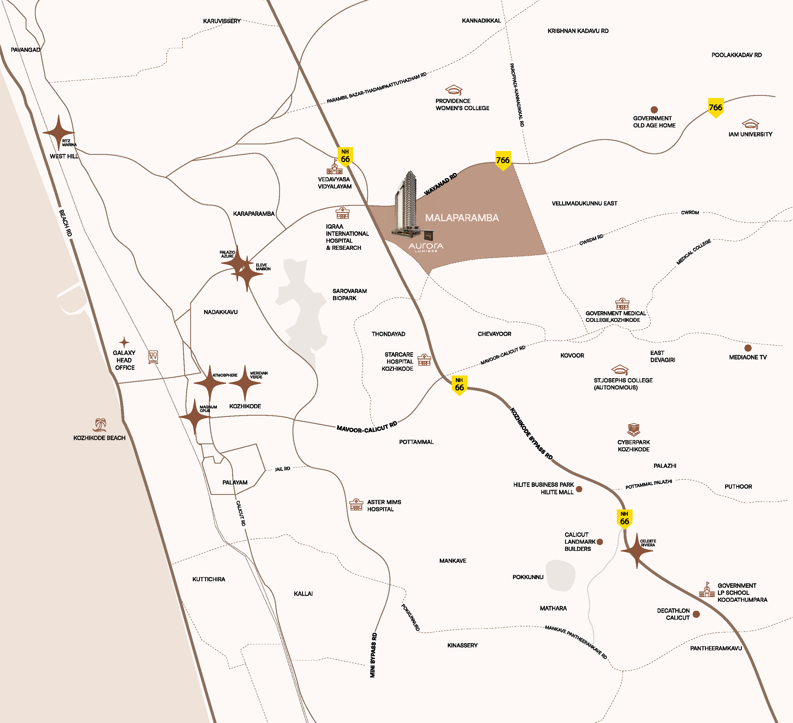 Aurora Lumiere location map, Malaparamba, Kozhikode