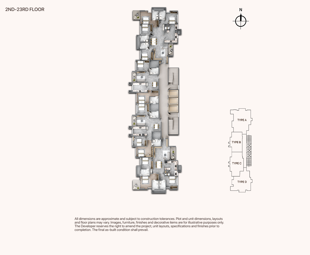 2nd to 23rd floor apartment floor plan with unit type key